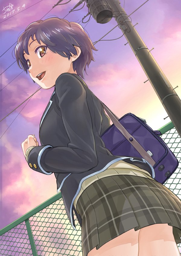 1girl, artist_name, bag, black_hair, black_jacket, blush, clenched_hand, clouds