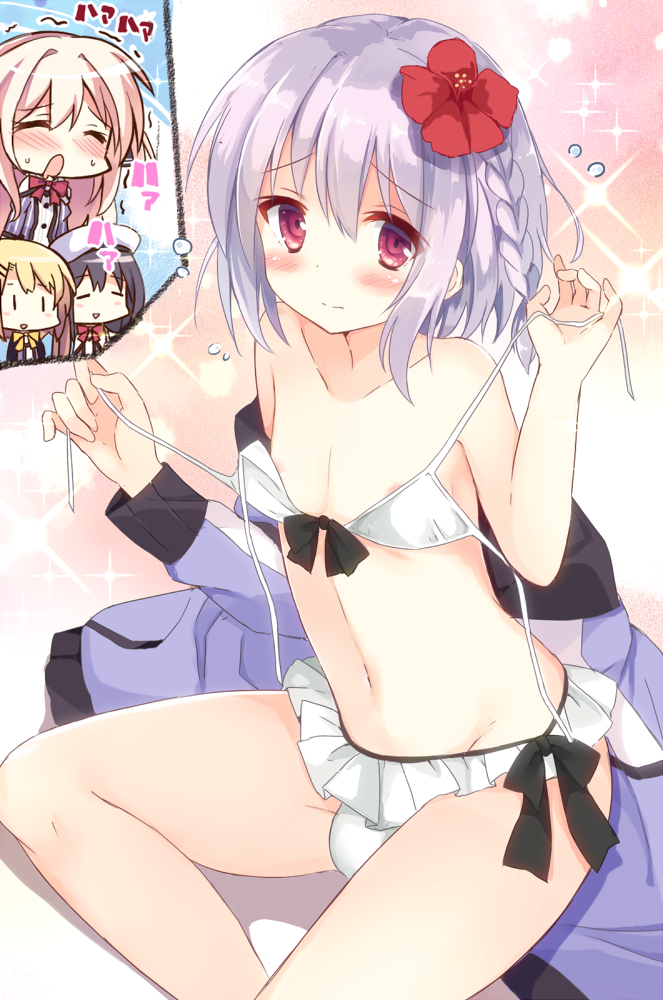 1boy, 3girls, asuka_minato, black_hair, blonde_hair, blush, bulge, character_request