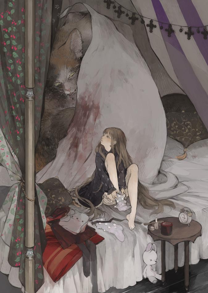 1girl, alarm_clock, animal, bangs, bed, bed_sheet, bedroom, bloomers