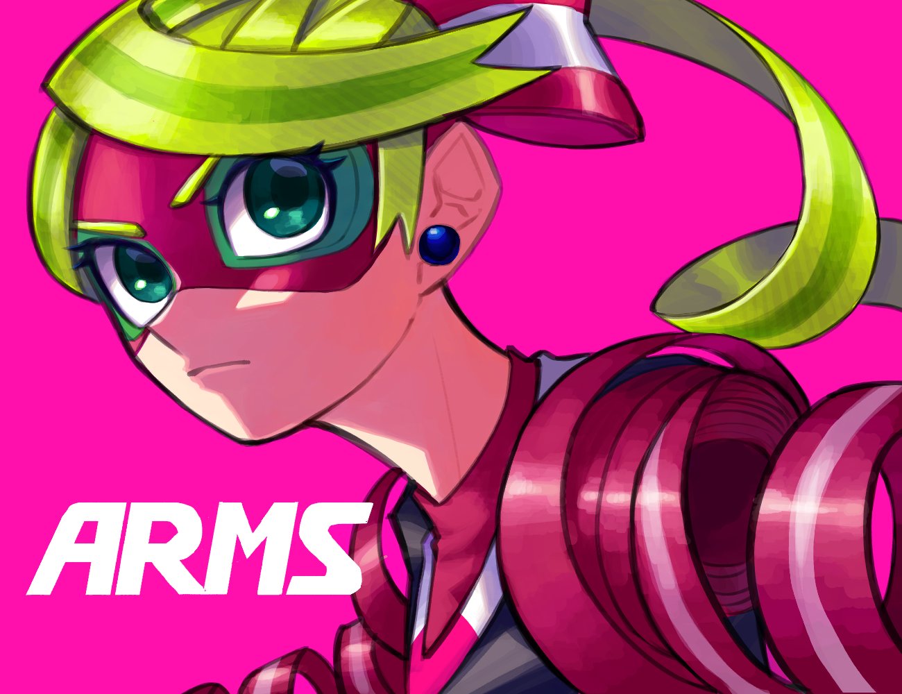 1girl, arms_(game), blonde_hair, close-up, closed_mouth, copyright_name, domino_mask, earrings, green_eyes, hair_ribbon, jewelry, mask, masshi, pink_background, ribbon, ribbon_girl_(arms), serious, simple_background