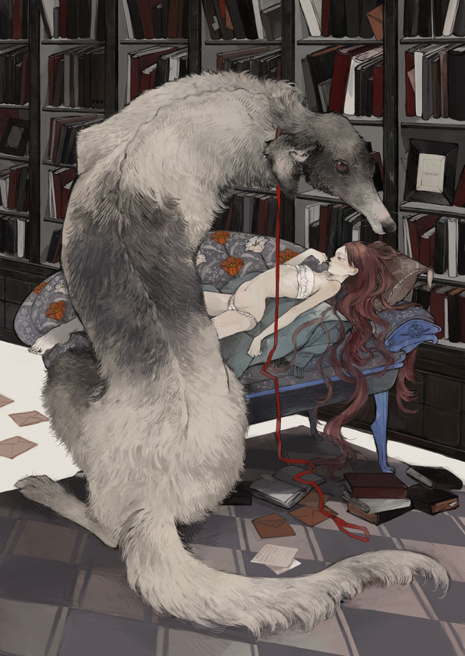 1girl, animal, arched_back, blanket, book, book_stack, bookmark, bookshelf