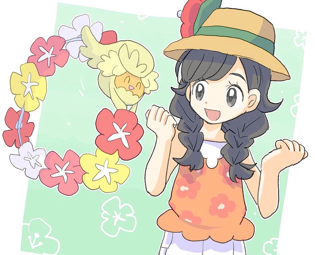 1girl, black_hair, braid, comfey, female_protagonist_(pokemon_ultra_sm), flipped_hair, hat, long_hair