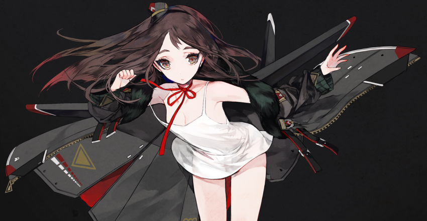 1girl, bangs, bare_shoulders, beret, black_hairband, breasts, brown_eyes, brown_hair