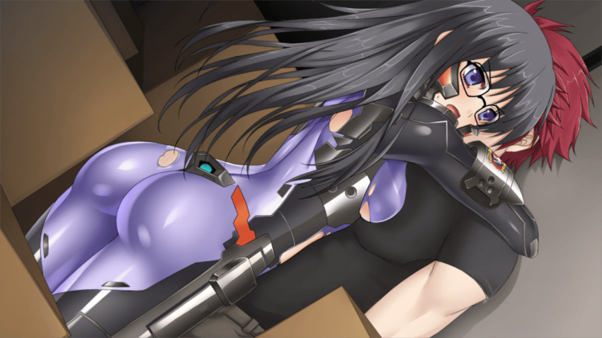 1boy, 1girl, ass, black-framed_eyewear, black_hair, black_shirt, blush, bodysuit