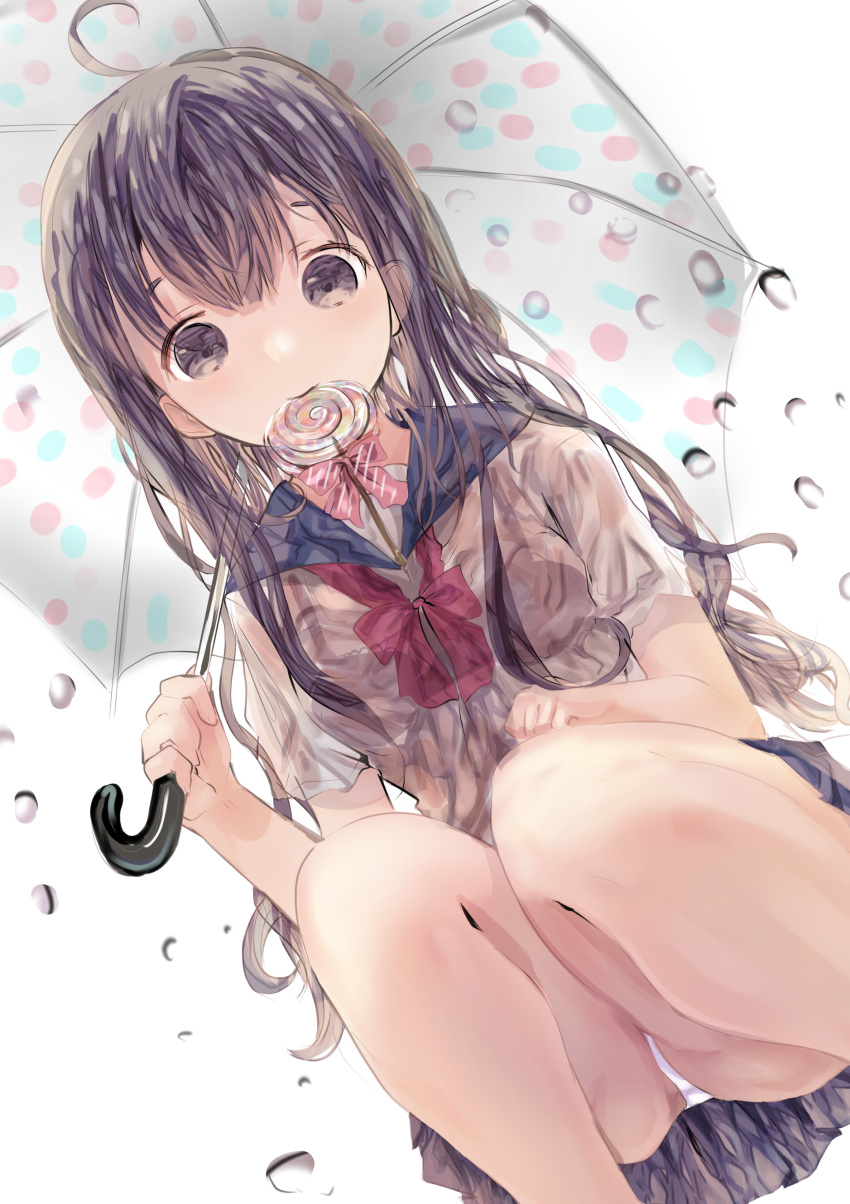 1girl, absurdres, ahoge, bangs, bare_legs, blue_skirt, bra, candy