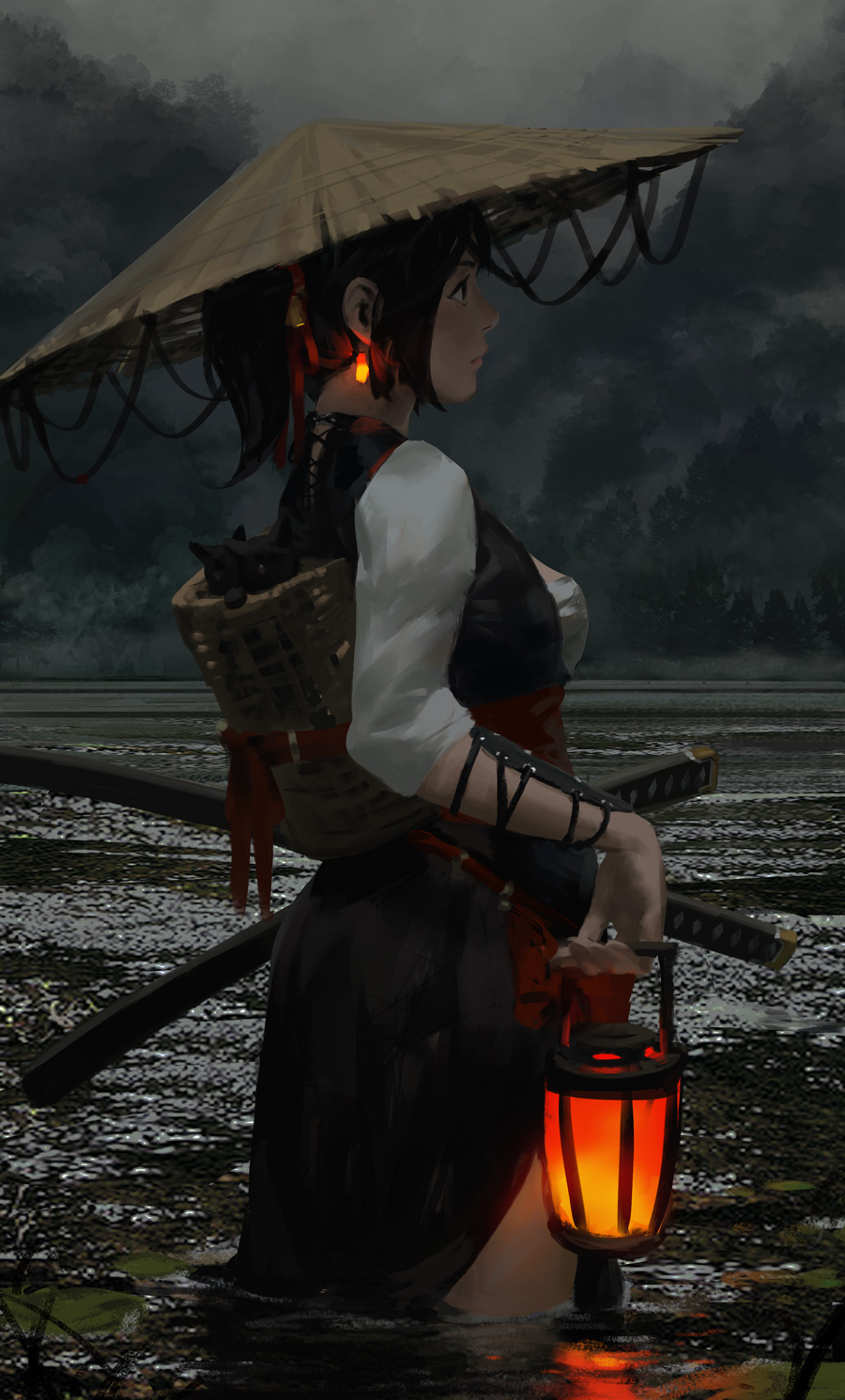 1girl, basket, black_hair, cat, earrings, fog, from_side, glowing_earrings, grey_sky, guweiz, hat, highres, jewelry, katana, lantern, original, partially_submerged, ponytail, rice_hat, side_slit, sword, wading, water, weapon