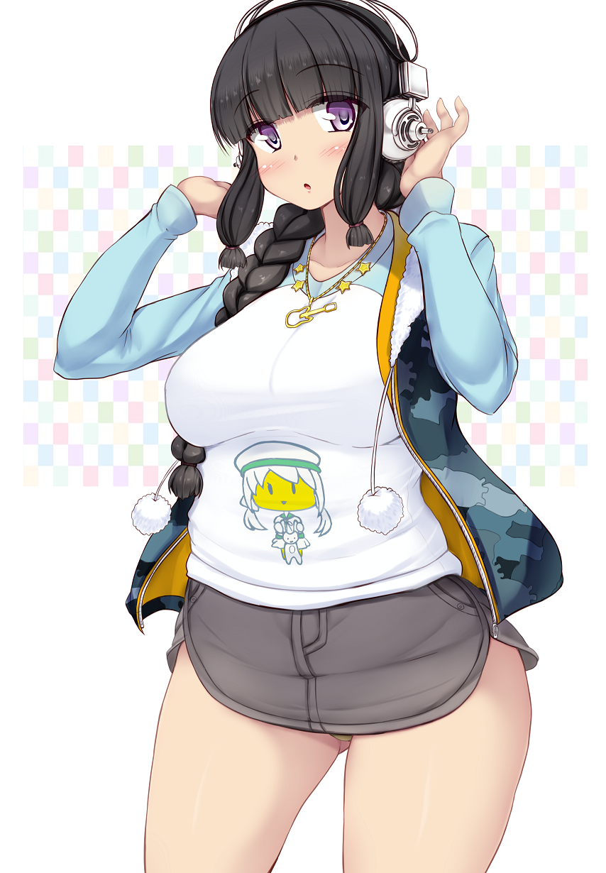 1girl, bangs, black_hair, blunt_bangs, blush, braid, breasts, cosplay