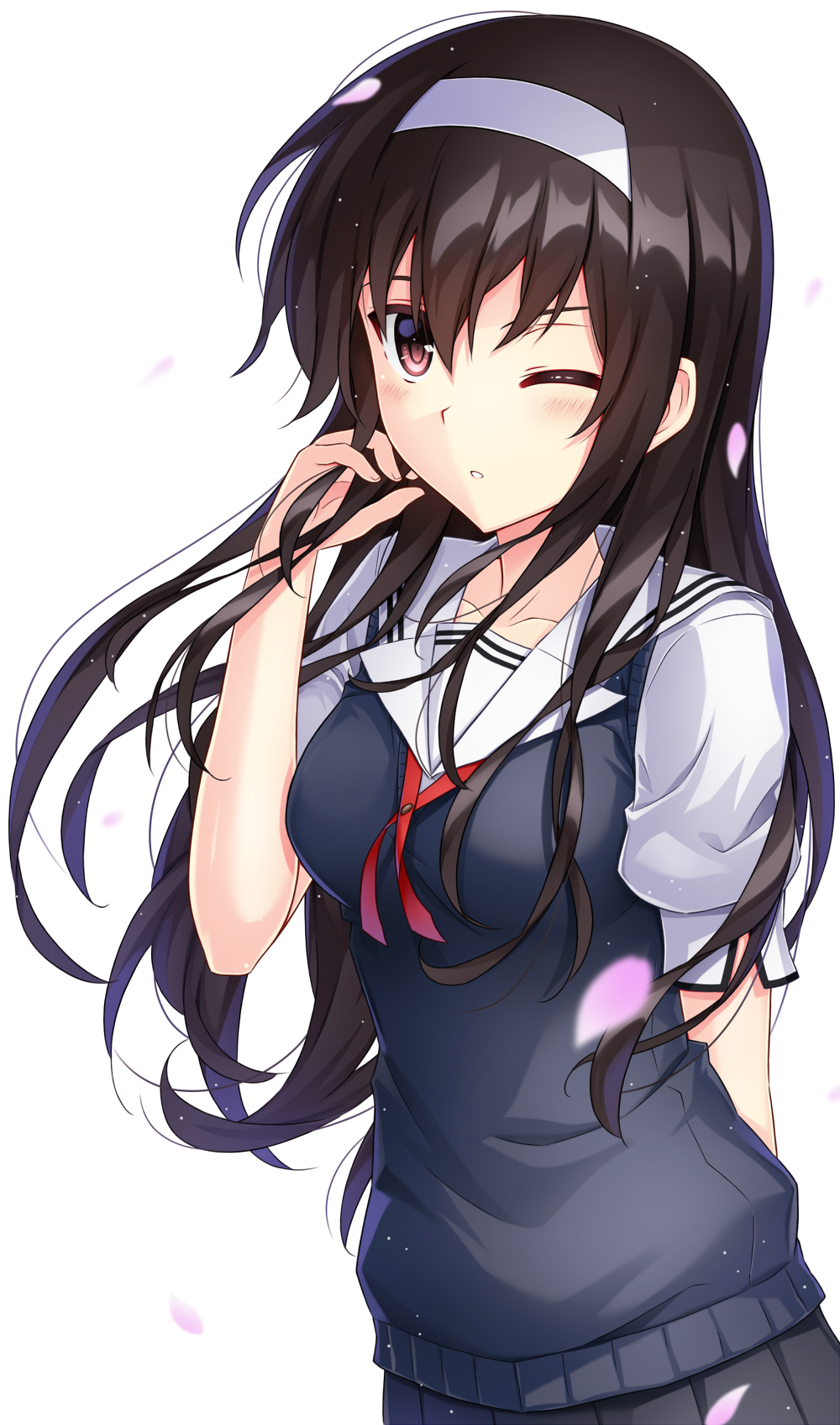 1girl, black_hair, blush, breasts, hairband, highres, kasumigaoka_utaha, long_hair, medium_breasts, one_eye_closed, parted_lips, red_eyes, saenai_heroine_no_sodatekata, school_uniform, seirei911, short_sleeves, skirt, solo, standing