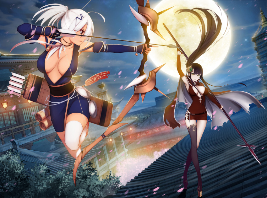 2girls, absurdres, ahoge, aiming, architecture, arm_warmers, armpits, arrow