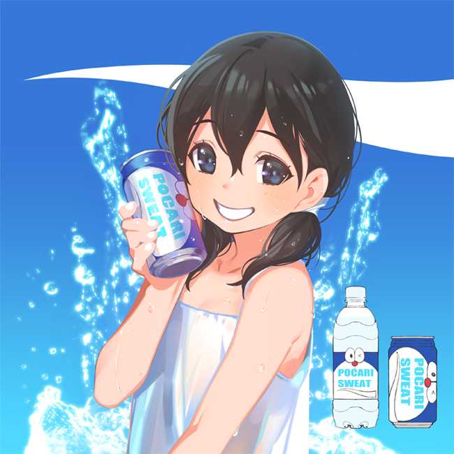 1girl, black_hair, bottle, can, can_to_cheek, doraemon, grin, long_hair, looking_at_viewer, minamoto_shizuka, pocari_sweat, pop_kyun, smile, soda_can, solo, twintails, water_bottle, wet