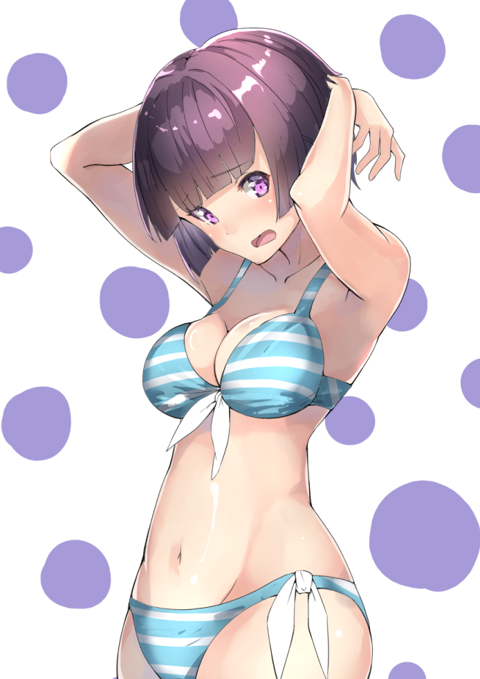 1girl, arm_up, arms_behind_head, bikini, blue_bikini, breasts, cleavage, cowboy_shot, embarrassed, eromanga_sensei, front-tie_top, looking_at_viewer, medium_breasts, open_mouth, purple_hair, senju_muramasa, short_hair, side-tie_bikini, solo, sone_(takahiro-osone), standing, striped, striped_bikini, swimsuit, violet_eyes