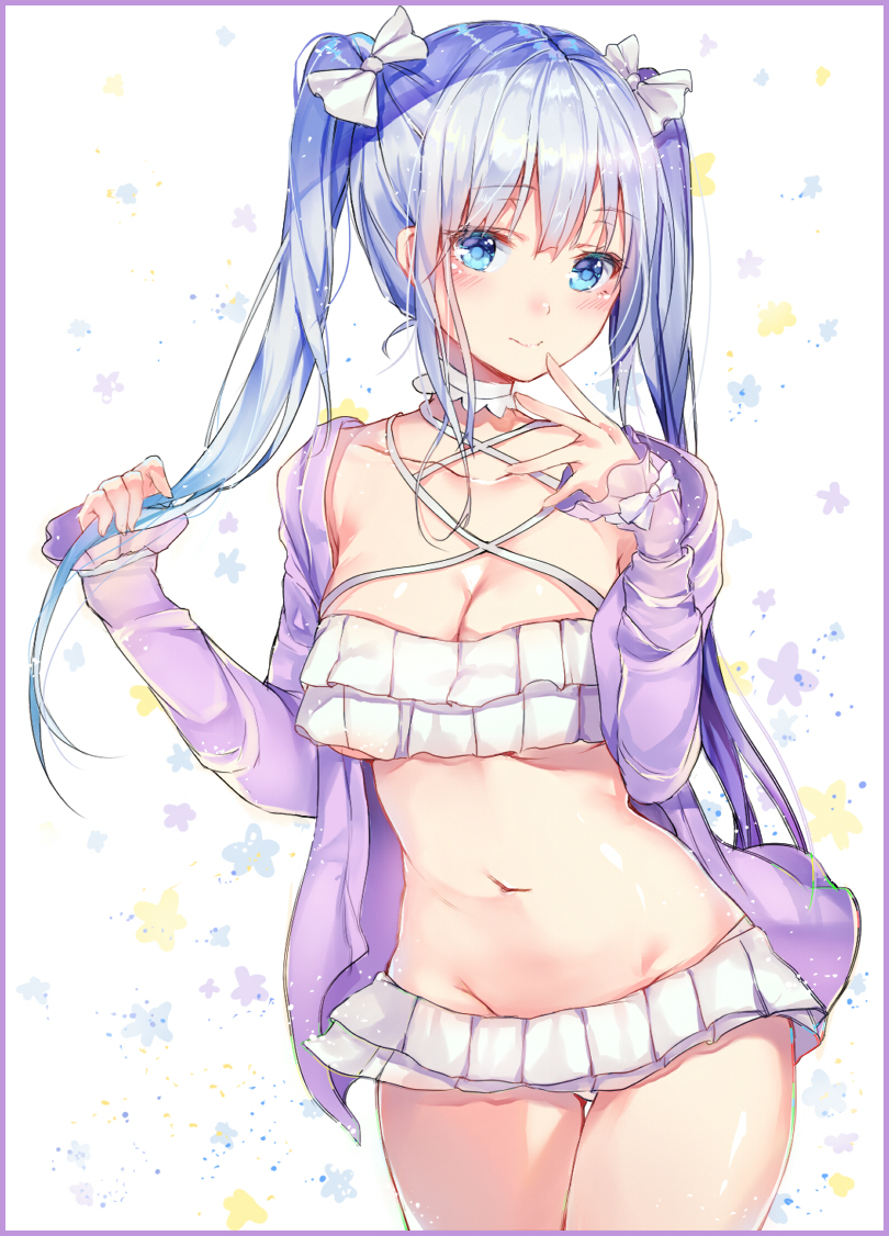 1girl, bangs, bikini, bikini_skirt, blue_eyes, blue_hair, blush, breasts