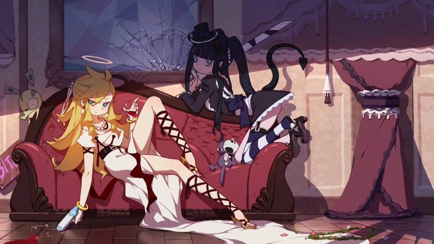 2girls, alcohol, ankle_lace-up, belt, blonde_hair, blue_eyes, bow, bracelet, broken_mirror, chuck_(psg), couch, cracked_glass, cross-laced_footwear, crossed_ankles, cup, demon_tail, drapes, dress, drinking_glass, earrings, english, garter_straps, gun, halo, hat, highres, jewelry, lace, legwear_removed, lolita_fashion, long_dress, long_hair, long_legs, makeup, mini_hat, mini_top_hat, mirror, mosquito_coils, multicolored_hair, multiple_girls, nail_polish, necklace, panty_&amp;_stocking_with_garterbelt, panty_(psg), pearl_necklace, shoe_dangle, slouching, spilled, stocking_(psg), strappy_heels, striped, striped_legwear, stuffed_animal, stuffed_toy, sword, tail, thigh-highs, toenail_polish, toenails, top_hat, two-tone_hair, wallpaper, weapon, wine, wine_glass