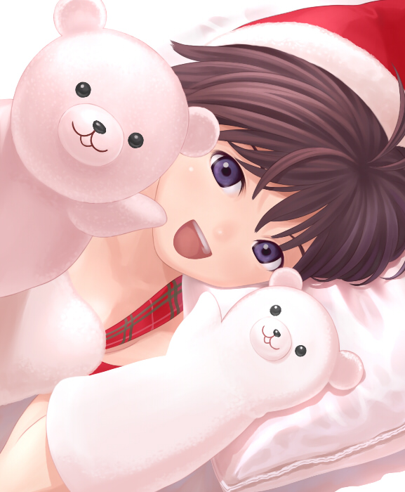 blue_eyes, brown_hair, hand_puppet, hand_puppets, hat, idolmaster, kikuchi_makoto, mittens