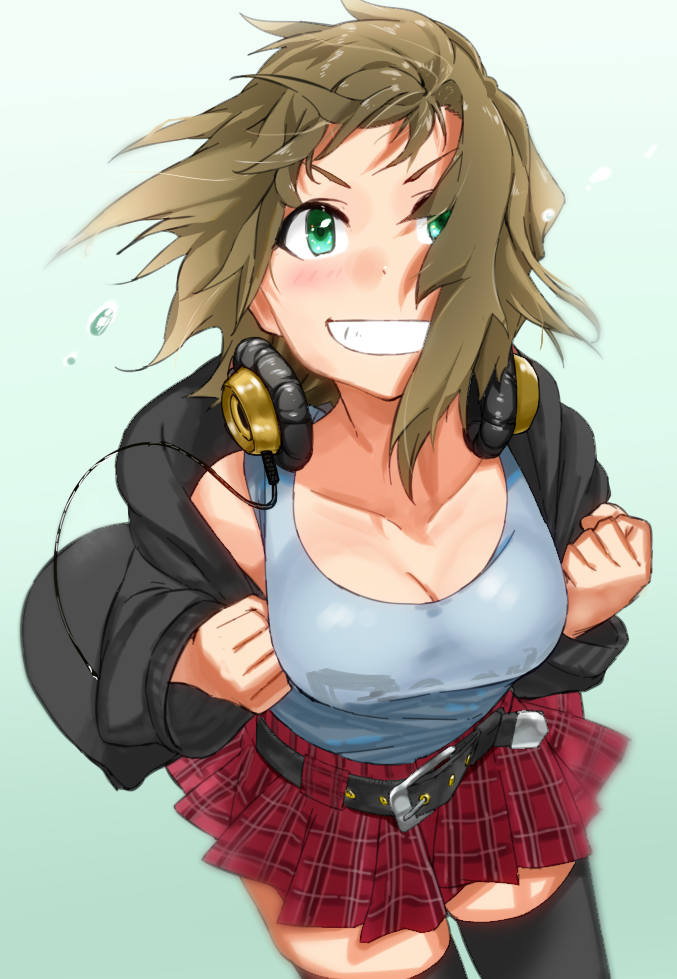 1girl, apple_(artist), belt, black_jacket, black_legwear, blush, breasts, brown_hair, cleavage, clenched_hands, commentary, cowboy_shot, flying_sweatdrops, gradient, gradient_background, green_eyes, grin, headphones, headphones_around_neck, idolmaster, idolmaster_cinderella_girls, jacket, leaning_forward, long_sleeves, looking_at_viewer, medium_breasts, pleated_skirt, short_hair, skirt, smile, solo, sweat, tada_riina, tank_top, thigh-highs
