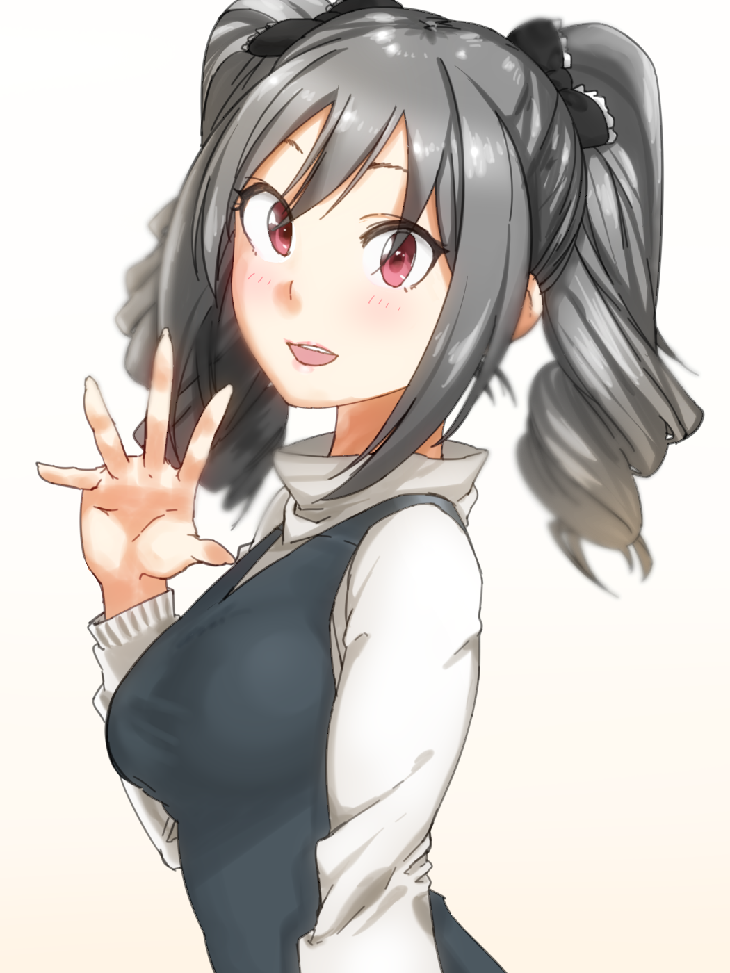1girl, apple_(artist), blush, bow, commentary, drill_hair, gradient, gradient_background