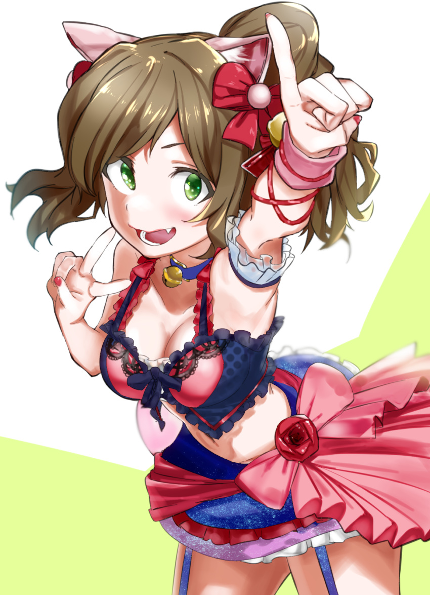 1girl, animal_ears, apple_(artist), armpits, bell, bell_choker, blush, bow