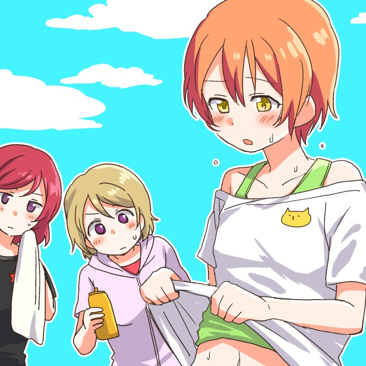 3girls, black_shirt, blush, bottle, clouds, cloudy_sky, commentary_request, holding