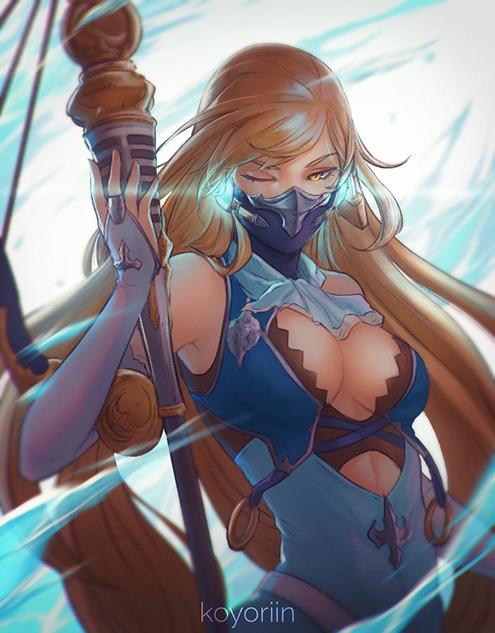 1girl, armpit_peek, artist_name, bangs, bare_shoulders, black_dress, blonde_hair, blurry, breasts, bridal_gauntlets, cleavage, cleavage_cutout, commentary, covered_mouth, dress, elbow_gloves, elegy_(granblue_fantasy), furrowed_eyebrows, gloves, glowing, granblue_fantasy, grey_background, holding, holding_staff, kerchief, koyorin, long_hair, looking_at_viewer, magic, mask, medium_breasts, motion_blur, one_eye_closed, simple_background, sleeveless, sleeveless_dress, solo, staff, swept_bangs, very_long_hair, white_gloves, yellow_eyes