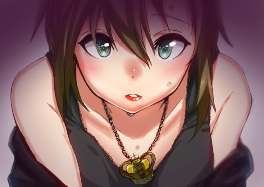 1girl, apple_(artist), bare_shoulders, black_tank_top, blush, brown_hair, close-up, green_eyes
