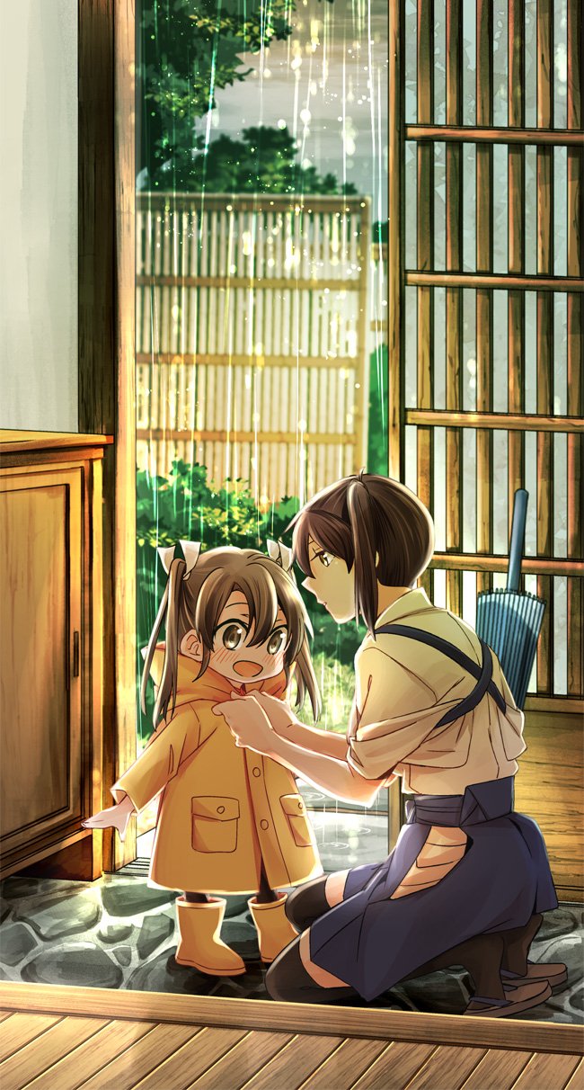 10s, 2girls, :d, adjusting_clothes, black_legwear, blush, brown_hair, bush