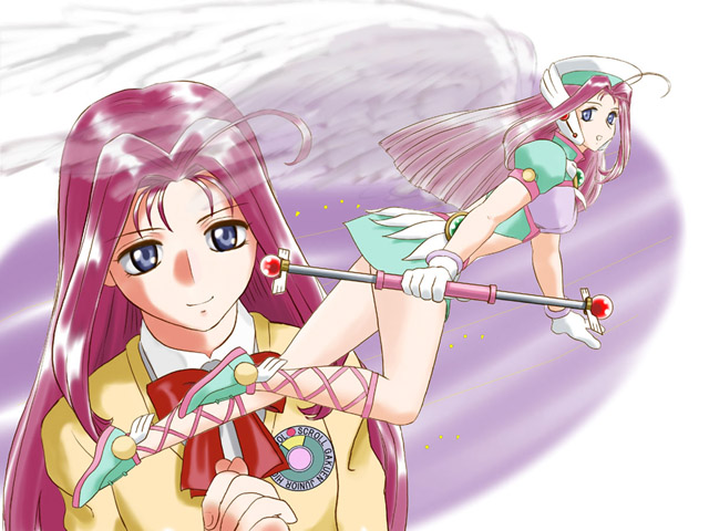 corrector_yui, dual_persona, kisaragi_haruna, legs, pink_hair, wings