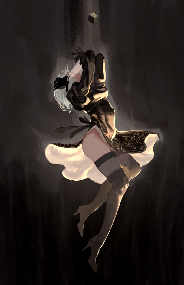 amei_zhao, black_dress, boots, box, breasts, cleavage_cutout, dress, feather-trimmed_sleeves