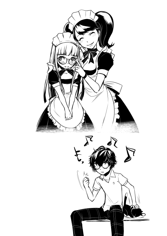 1boy, 2girls, alternate_costume, apron, blush, cat, closed_eyes, enmaided