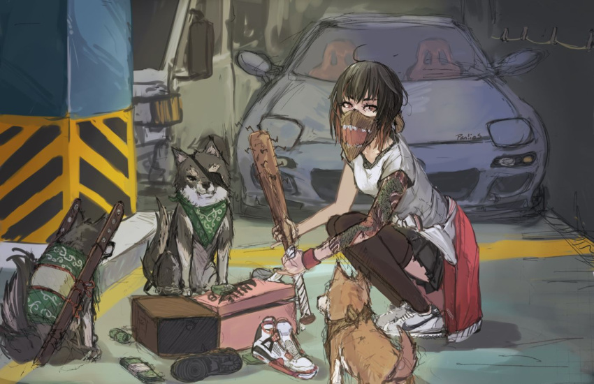 1girl, baseball_bat, black_hair, black_legwear, brown_eyes, car, clothes_around_waist, dog, eyepatch, ground_vehicle, long_hair, looking_at_viewer, mask, money, motor_vehicle, nail, nail_bat, panties_(pantsu-pirate), pleated_skirt, sheath, sheathed, shoes, skirt, sneakers, squatting, tattoo, thigh-highs