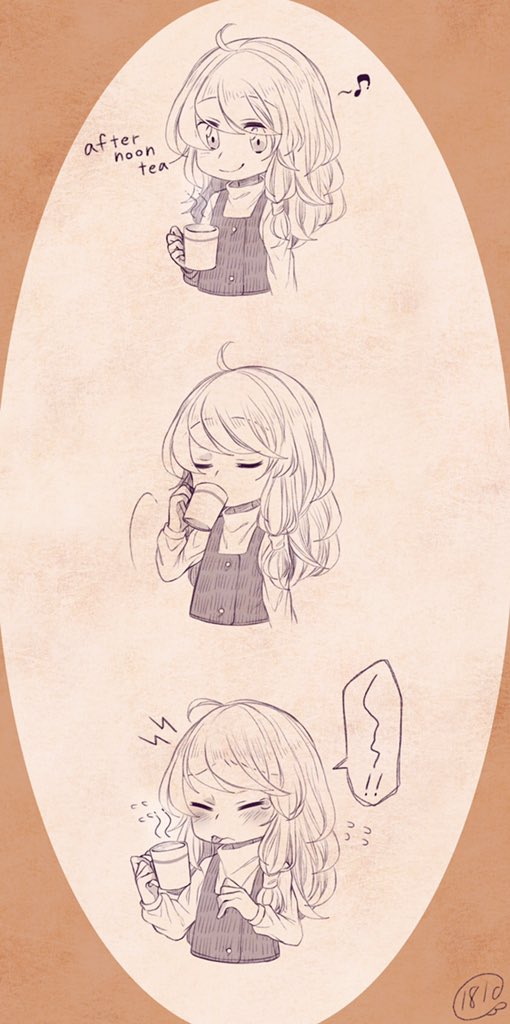 1girl, 3koma, blush, closed_eyes, comic, cup, drinking, english