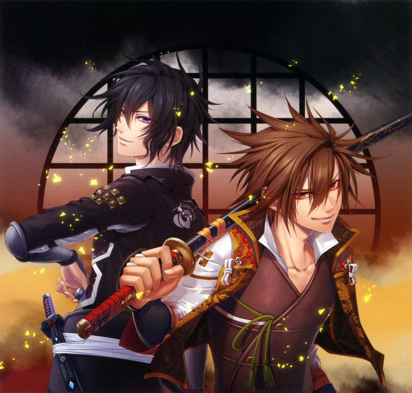 black_hair, chitose_(toki_no_kizuna), kazuya_(toki_no_kizuna), miko_(artist), toki_no_kizuna, violet_eyes