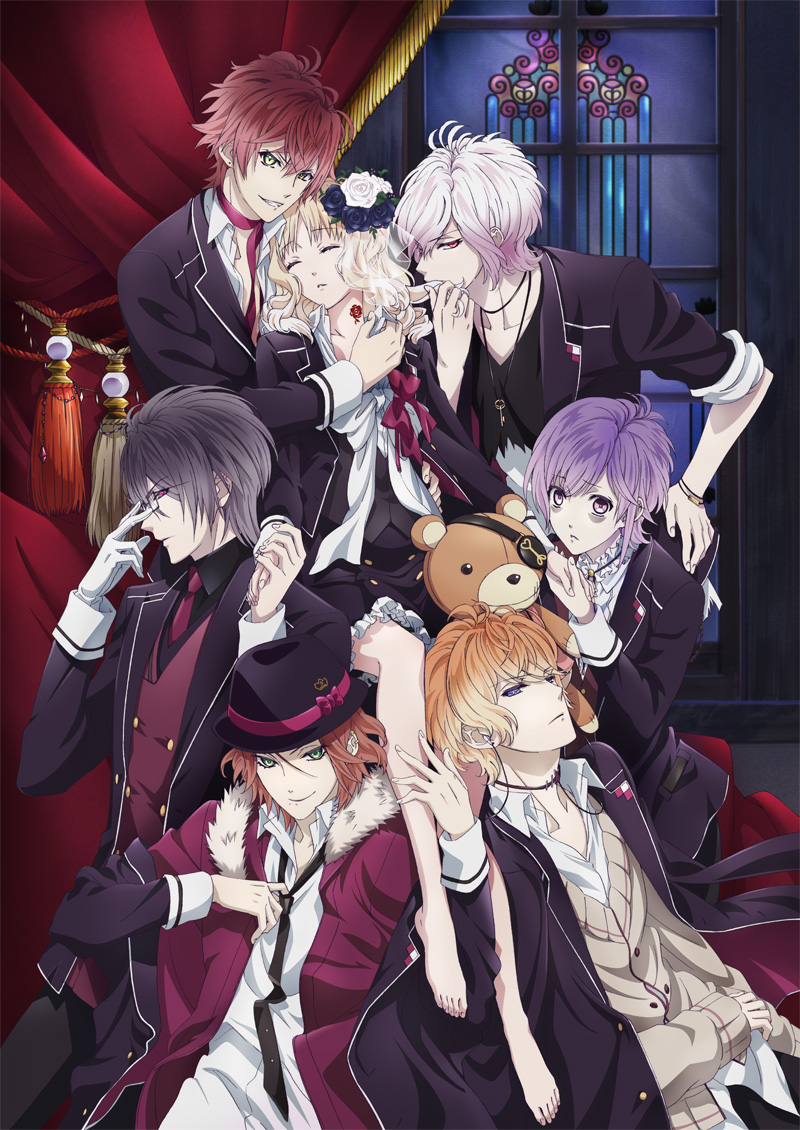 1girl, 6boys, blonde_hair, blue_eyes, diabolik_lovers, glasses, gothic, holding_hands