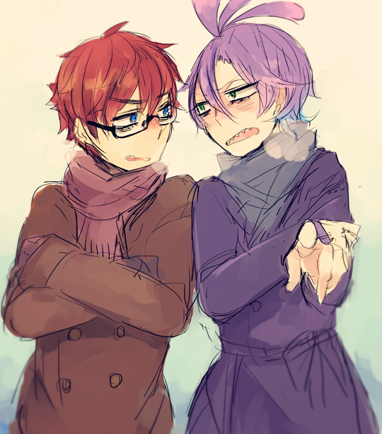 2boys, ahoge, blue_eyes, coat, glasses, green_eyes, horns, jeff_fungus, lizard_tail, male_focus, monsters_inc., multiple_boys, personification, randall_boggs, redhead, scarf, sharp_teeth, short_hair, slit_pupils, teeth, winter, winter_clothes, winter_coat