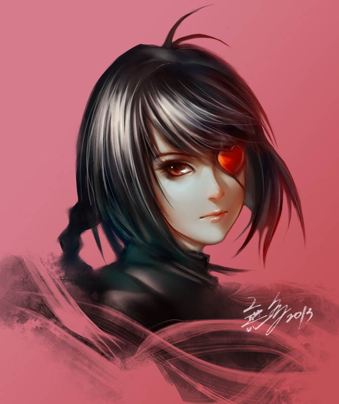 1girl, black_clothes, black_hair, brown_eyes, dated, eyepatch, heart, heart_eyepatch