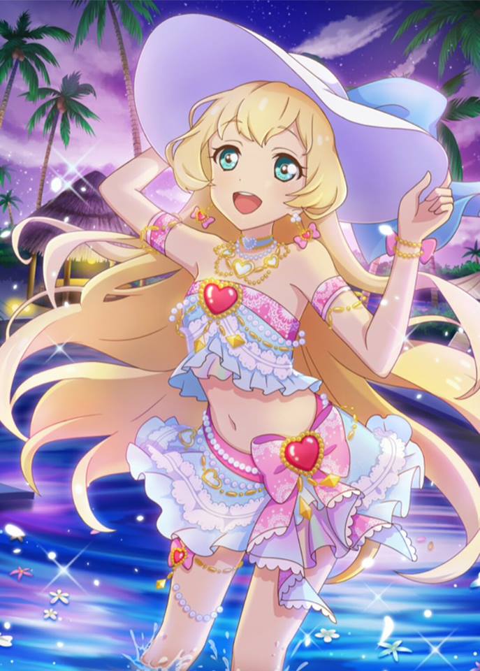 1girl, aikatsu!, aikatsu!_photo_on_stage!!, aikatsu_stars!, aqua_eyes, beach_house, blonde_hair, bow, bracelet, clouds, coconut_tree, earrings, flower, frills, gem, hat, heart, heart_necklace, jewelry, lace, necklace, night, night_sky, ocean, open_mouth, palm_tree, pearl_bracelet, pink_bow, shiratori_hime, sky, sleeveless, smile, sun_hat, sunset, tree, water