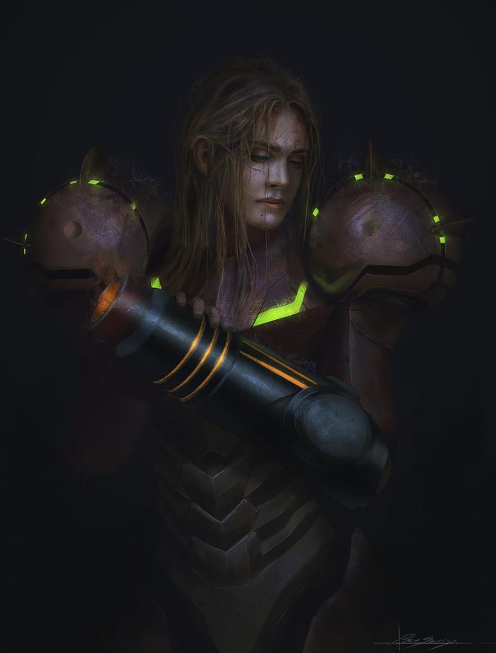 1girl, arm_cannon, ben_savory, black_background, blood, blood_on_face, chiaroscuro, glowing, half-closed_eyes, looking_down, medium_hair, messy_hair, metroid, no_headwear, no_helmet, power_armor, realistic, samus_aran, solo, weapon