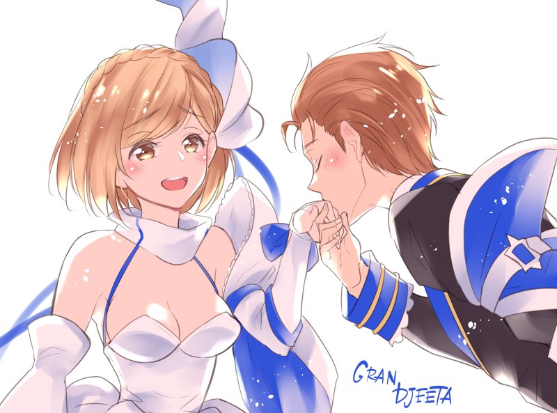 1boy, 1girl, alternate_costume, alternate_hairstyle, blonde_hair, blush, bob_cut, braid