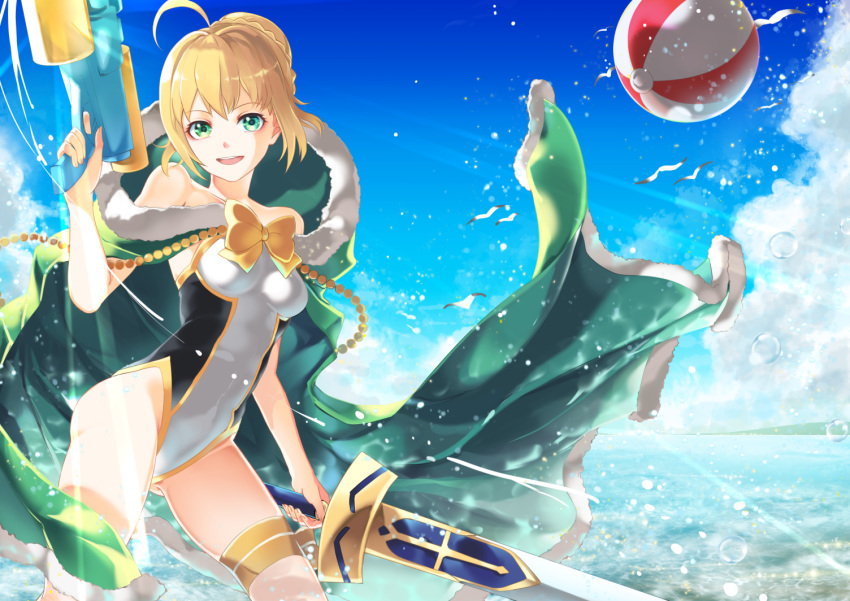 1girl, ahoge, annojou_haruto, ball, beachball, blonde_hair, cape, clouds