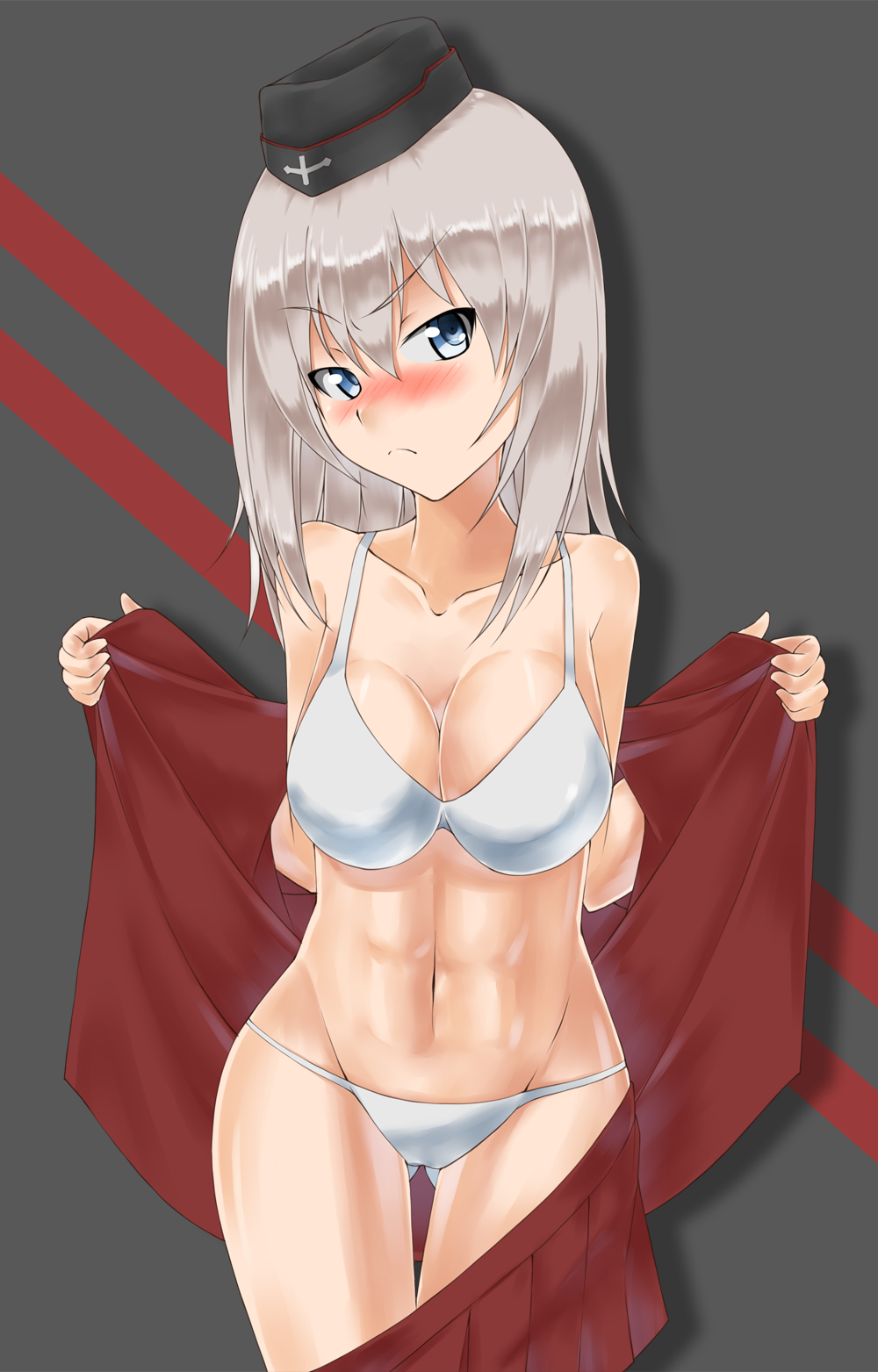 1girl, abs, arai_kogane, ass_visible_through_thighs, bangs, black_hat, blue_eyes, blush