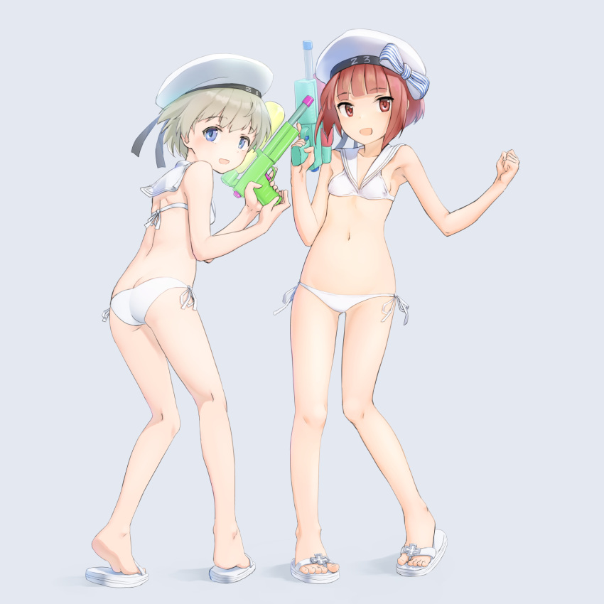 2girls, ass, auburn_hair, bikini, blue_eyes, brown_eyes, brown_hair, butt_crack