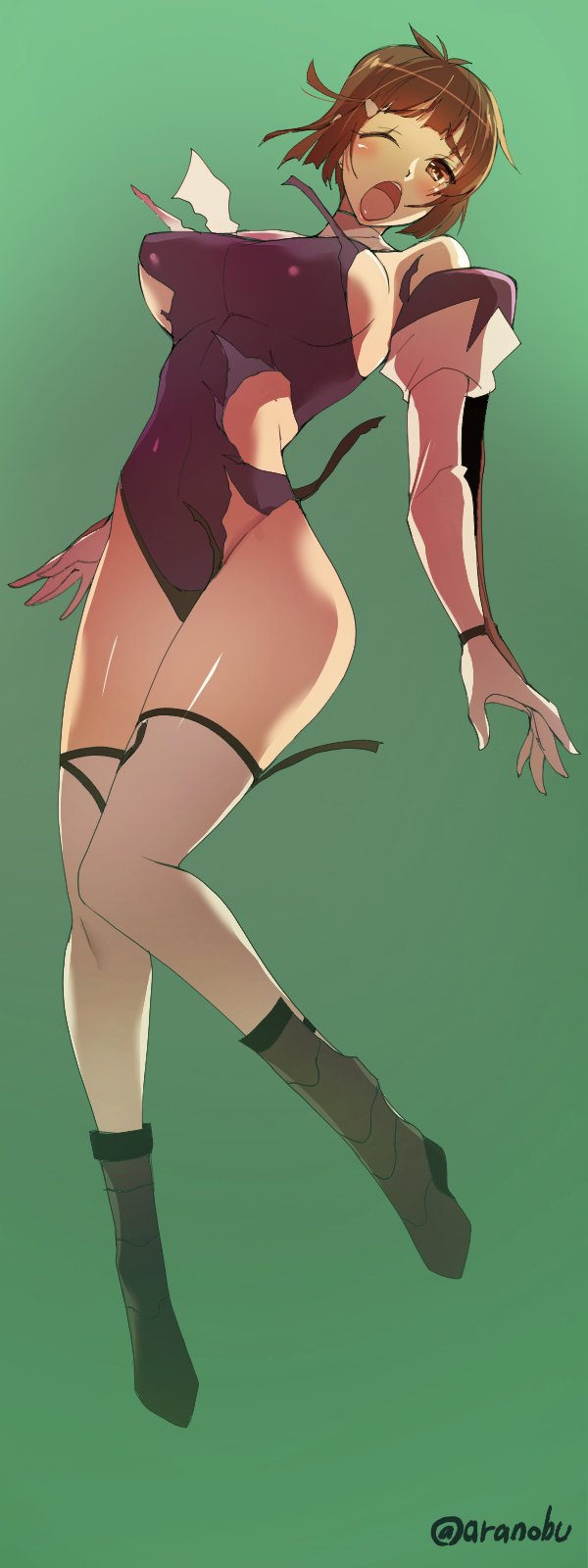 1girl, adapted_costume, boots, brown_eyes, brown_hair, detached_sleeves, full_body, gradient