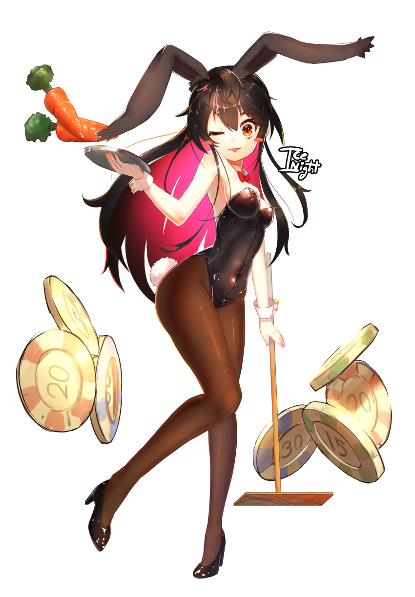 1girl, absurdres, animal_ears, black_hair, black_leotard, bow, bowtie, brown_legwear