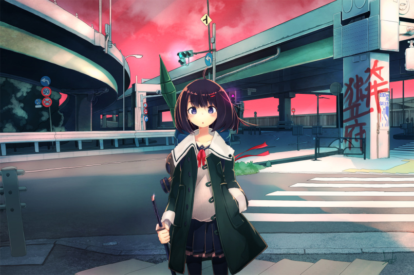 1girl, black_hair, blue_skirt, eyebrows_visible_through_hair, graffiti, holding, holding_sword, holding_weapon