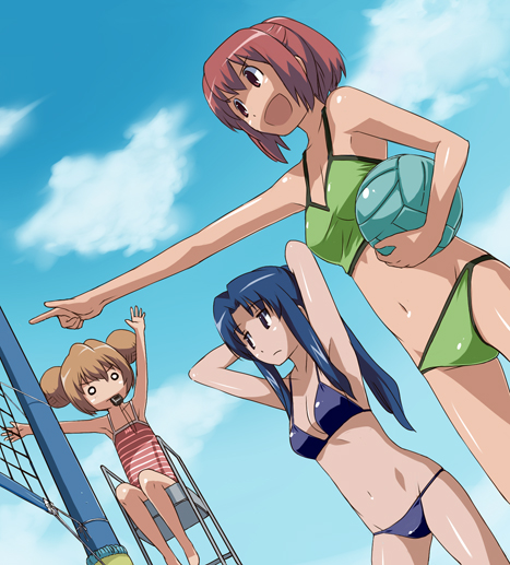\o/, aisaka_taiga, alternate_hairstyle, arms_behind_head, arms_up, ball, beach_volleyball, bikini