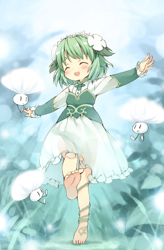 blush, dress, eyebrows, feet, green_hair, happy, kinoko-san, kito