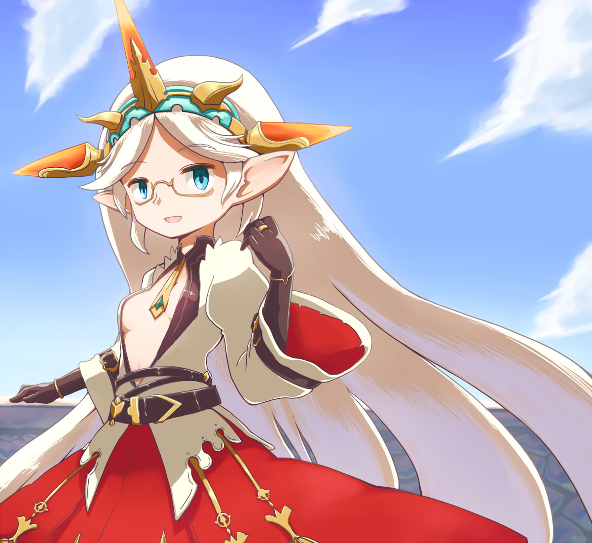1girl, aqua_eyes, black_gloves, center_opening, dress, glasses, gloves, granblue_fantasy