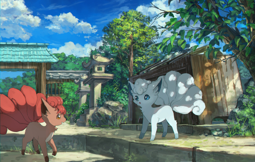 alolan_vulpix, blue_sky, clouds, day, grass, leaf, nature, no_humans