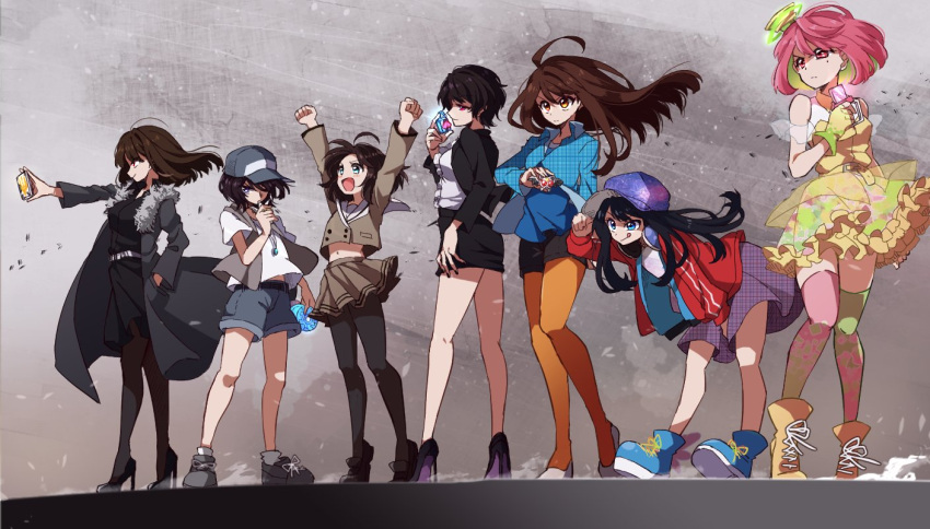 >:d, >:|, 6+girls, :d, amami_akira, arms_up, artist_request, belt