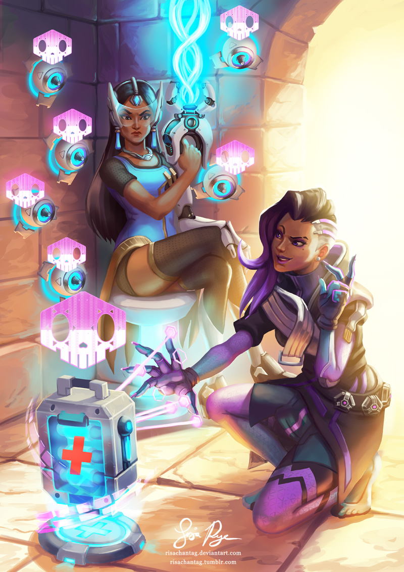 2girls, asymmetrical_hair, beam_gun, black_hair, blue_dress, bodysuit, commentary, cyborg