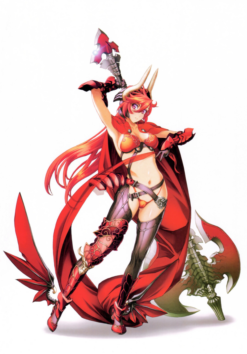 1girl, absurdres, ankle_wings, arm_up, armor, asymmetrical_legwear, axe, bangs